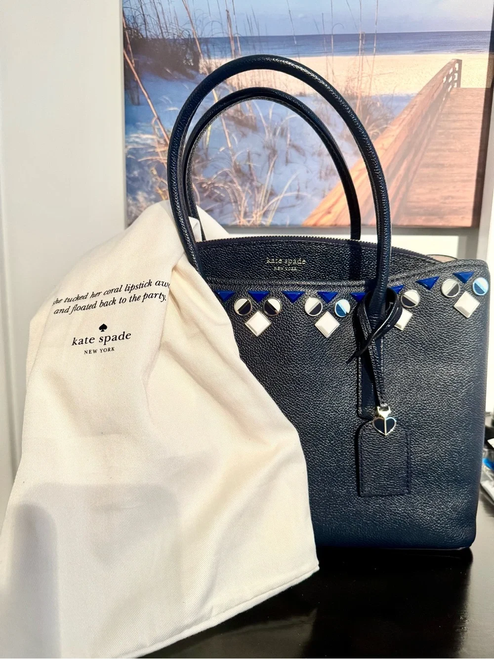 NWOT Kate Spade Margaux Jeweled Large Satchel Blazer Blue W/ Dust Bag